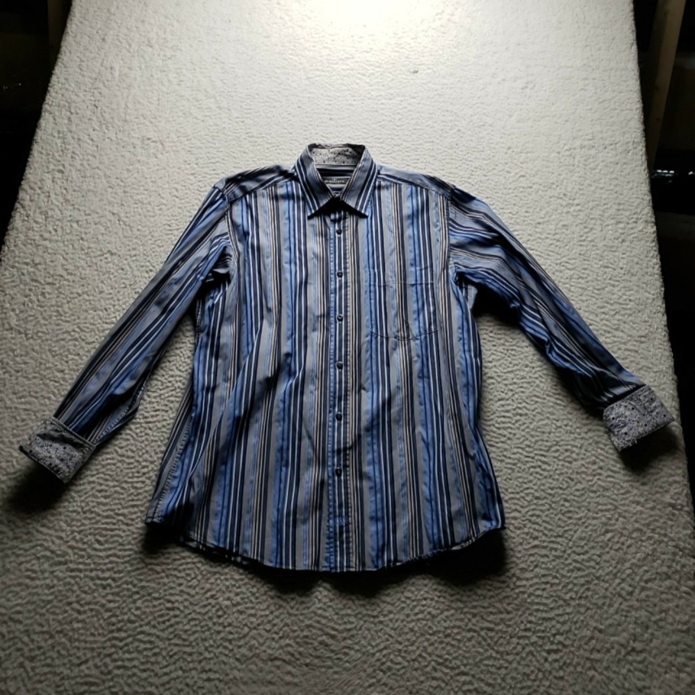 Bugatchi Uomo Shirt Mens Large Blue Striped Flip Cuff Long Sleeve Button-Up